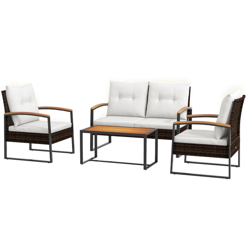 Outsunny 4 Piece Patio Furniture Set with Cushions, Sofa, Chair, Wood Coffee Table, White, 4 of 7