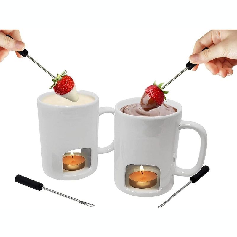 KOVOT Personal Fondue Mugs Set of 2 | Ceramic Mugs for Chocolate or Cheese | Includes Forks and Tealights, 1 of 6