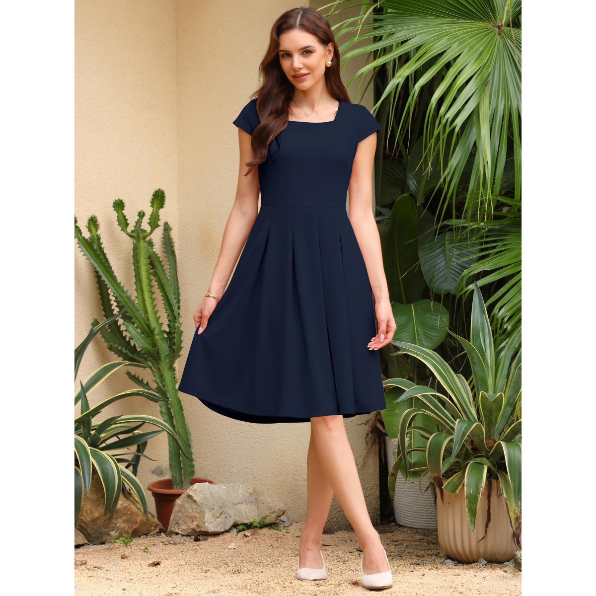 Женские платья INSPIRE CHIC Women's Cap Sleeve Flare Square Neck Business Work A Line Pleated Dress Medium Navy Blue — фото 2