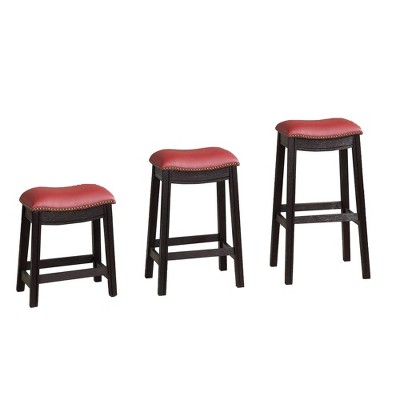 Set of 3 18" Wooden Stools with Upholstered Cushion Seat Black/Red - Benzara