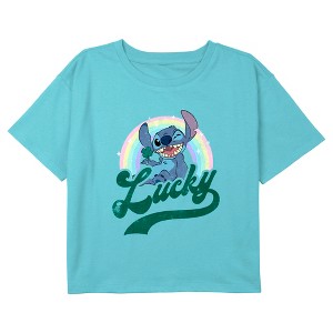 Girl's Lilo & Stitch Lucky Rainbow Wink Distressed Crop Top T-Shirt - 1 of 3