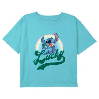Girl's Lilo & Stitch Lucky Rainbow Wink Distressed Crop T-Shirt