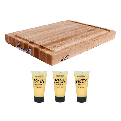 John Boos Block RAFR2418 24 x 18" Edge Grain Maple Wood Reversible Cutting Board and Block Wooden Butcher Board Natural Moisture Cream, 5 Oz (3 Pack)