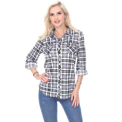Women's Oakley Stretchy Plaid Tunic Top with Pockets - White Mark