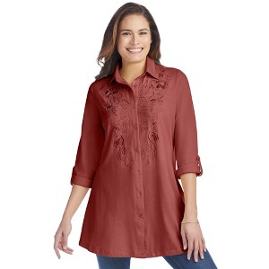 Woman Within Plus Size Button-Front Embroidered Tunic - 1 of 4