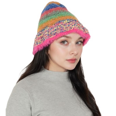 Anna-Kaci Colorful Striped Knit Bucket Hat Fluffy Trendy Winter Lightweight Foldable Crochet Fisherman Hat for Women
