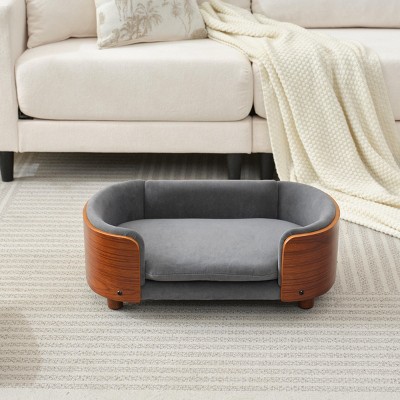 Elevated Dog Bed Pet Sofa with Solid Wood Legs and Bent Wood Back, Velvet Dog Bed with Removable Washable Cushion Cover - Cuddlewood