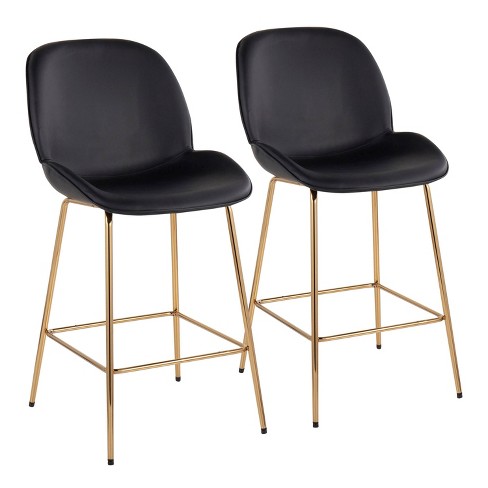 Set Of 2 Diva Steel Faux Leather, Black Leather Bar Stools With Gold Legs