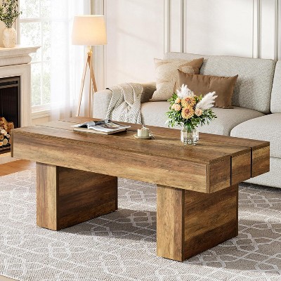 Tribesigns 47.2'' Farmhouse Coffee Table, Wood Center Table with Slat Top & Sturdy Base, Rectangle Cocktail Table for Living Room, Apartment, Brown