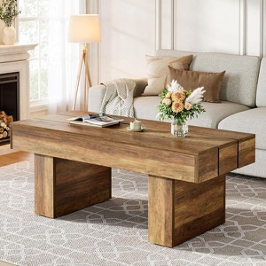 Tribesigns 47.2'' Farmhouse Coffee Table, Wood Center Table with Slat Top & Sturdy Base, Rectangle Cocktail Table for Living Room, Apartment, Brown - 1 of 4