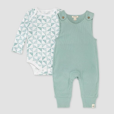 Image of Burt's Bees Baby® Ribbed Jumpsuit & Tri-Check Bodysuit Set - Aqua Blue 6-9M