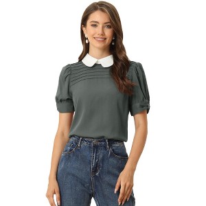 INSPIRE CHIC Women's Vintage Peter Pan Collar Contrast Puff Short Sleeve Blouse - 1 of 4