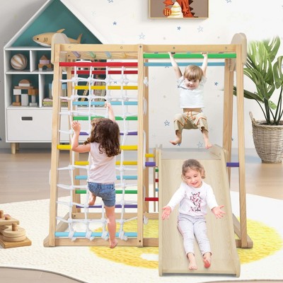 Natural Wood 6-in-1 Indoor Jungle Gym with Slide