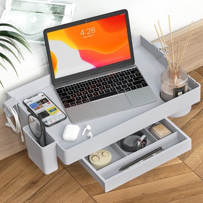 YIGII foldable double layered bed frame clip on bedside table,Floating table tray, bed side frame with drawers, enlarged size, gray