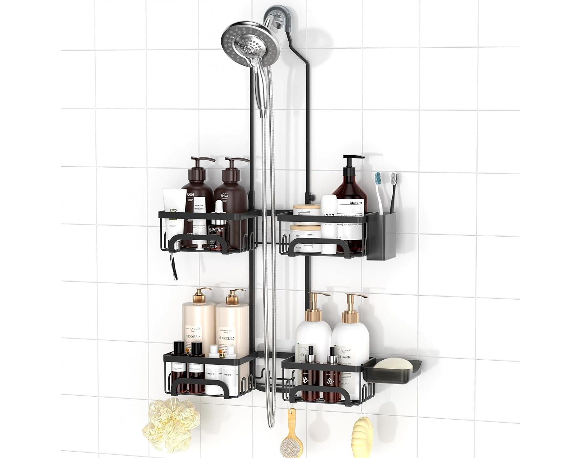 Silver Adjustable Split Hanging Shower Caddy - Rustproof for Handheld Showerheads with Soap & Razor Hooks