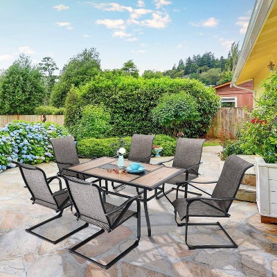 7pc Patio Dining Set with Rectangular Table with Umbrella Hole & C-Spring Motion Chairs - Captiva Designs