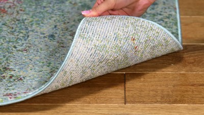 Ivory and Blue Hand-Knotted Abstract Silk Rug