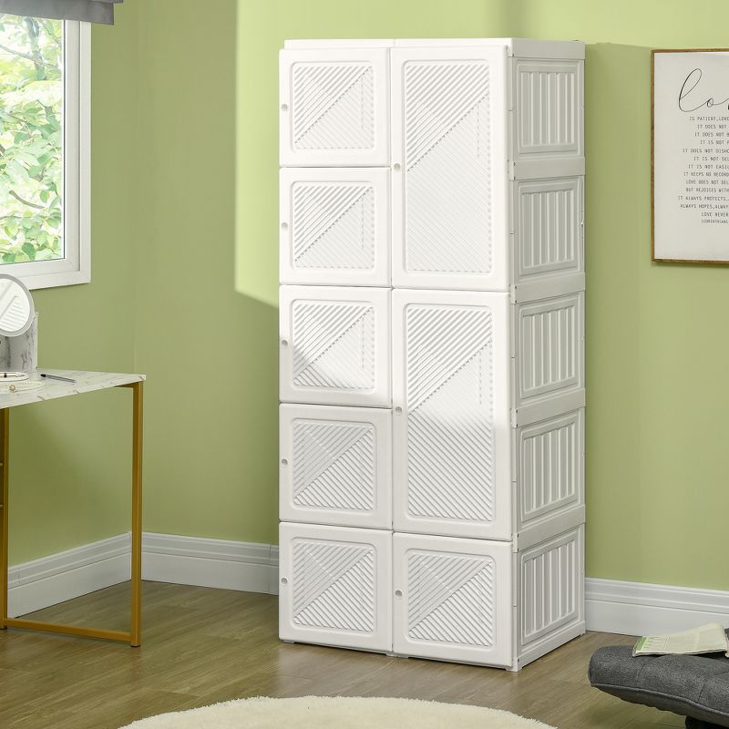 HOMCOM Portable Wardrobe Closet, Folding Bedroom Armoire, Clothes Storage Organizer with Cube Compartments, Hanging Rod, Magnet Doors, White, 2 of 7