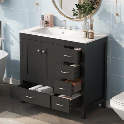 Bathroom Vanity with Sink Combo, Black Solid Wood Freestanding Cabinet with Drawers & Soft-Close Doors, Modern Storage Vanity Set-Maison Boucle