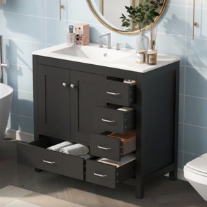 Bathroom Vanity with Sink Combo, Black Solid Wood Freestanding Cabinet with Drawers & Soft-Close Doors, Modern Storage Vanity Set-Maison Boucle - 1 of 4