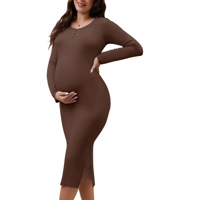 INSPIRE CHIC Women's Split Maternity Dress Long Sleeve Henley Collar Button Bodycon Ribbed Knit Pregnancy Photoshoot