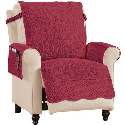 Collections Etc Quilted Textured Leaf Pattern Scalloped Edge Furniture Cover with Side Pockets Recliner Burgundy