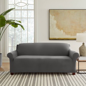 Sure Fit Hampstead Stretch Velvet Sofa Machine Washable Couch Cover Charcoal Gray: Plush, Pet Friendly, Indoor Use - 1 of 4