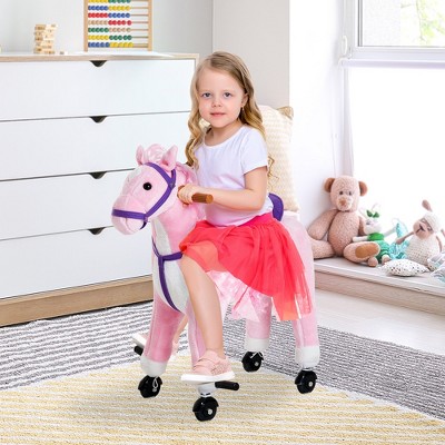 Qaba Kids Plush Ride On Toy Walking Horse With Wheels And Realistic ...