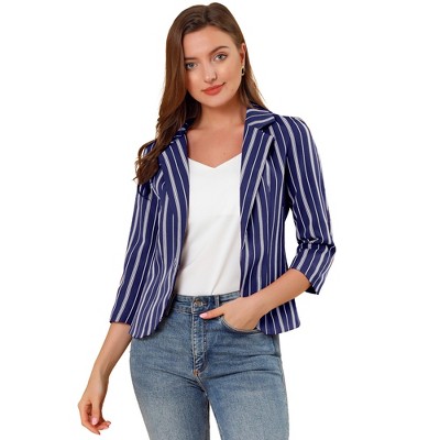 Allegra K Women's Striped 3/4 Sleeves Open Front Casual Notched Lapel Blazer