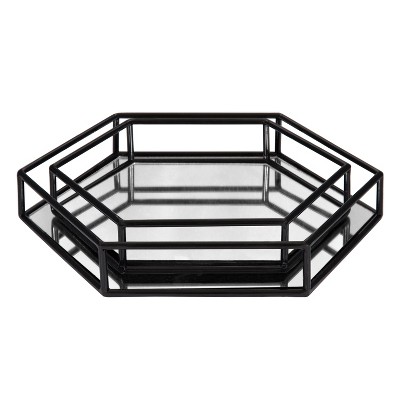 Black Hexagonal Metal and Mirrored Glass Decorative Trays, Set of 2