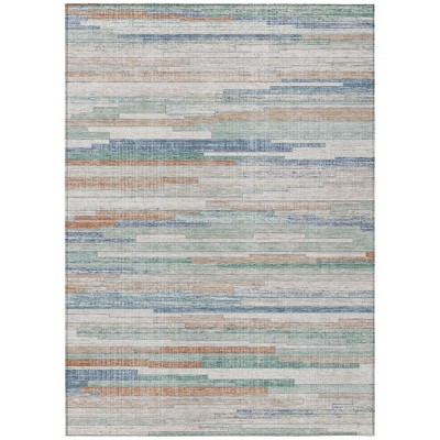 Linen And Pale Aqua Striped Washable Indoor Outdoor Area Rug