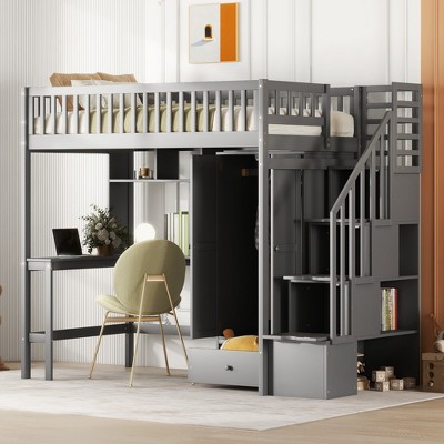 Twin Size Loft Bed With Shelf, Drawers, Desk And Wardrobe, Gray ...