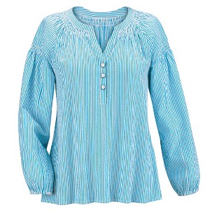 Collections Etc Seersucker Smock Trimmed V-Neck Long Sleeve Shirt - 1 of 4