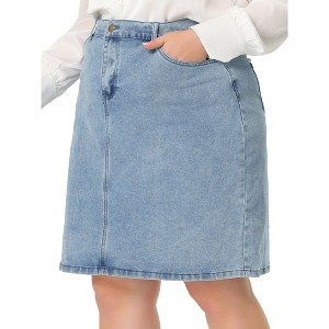 Agnes Orinda Women's Plus Size Denim Classic Slash Pocket Elastic Waist Pencil Back Slit Jeans Skirts - 1 of 4