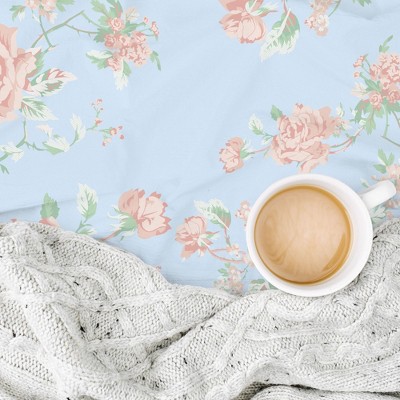 Full Floral Blue and Pink Cotton Microfiber Sheet Set