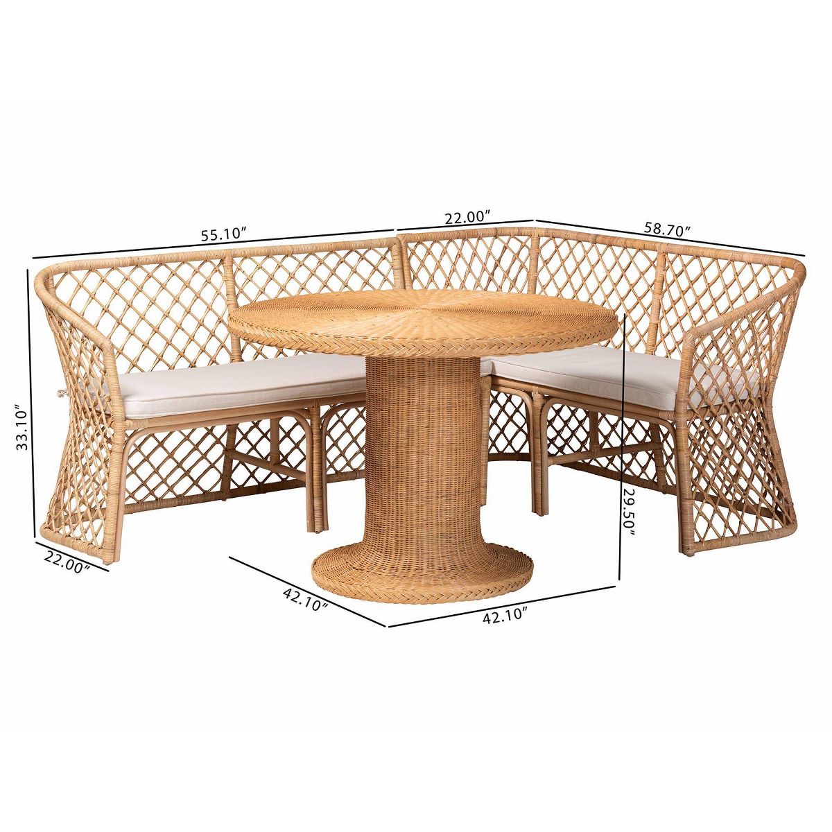 bali & pari Ellard Bohemian Rattan 3  Piece Dining Nook Set Light Honey - thumbnail 7