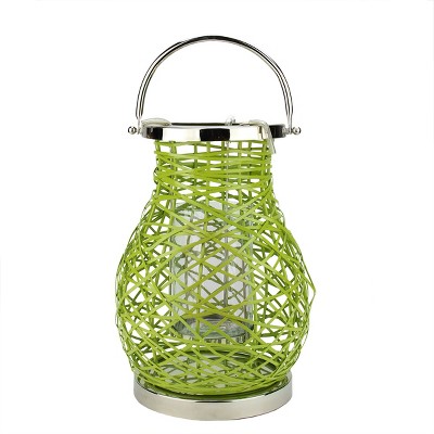 Northlight 13.5" Modern Green Decorative Woven Iron Pillar Candle Lantern with Glass Hurricane