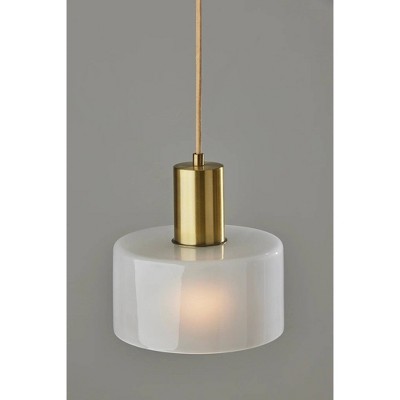 Antique Brass and White Glass Drum Pendant Light, 9"
