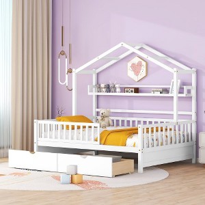 Wooden House Bed with 2 Drawers,Kids Bed with Storage Shelf - 1 of 4