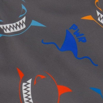orange, red, and blue sharks on gray