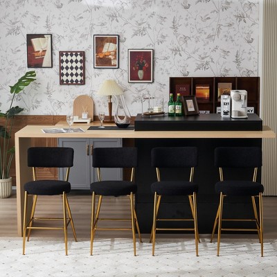 24"Set of 4 modern teddy fabric upholstered bar stools - Metal base high stool - Suitable for kitchen,Black+Golden