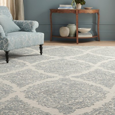 Ivory and Blue Wool Trellis Handmade Tufted Area Rug, 5' x 8'