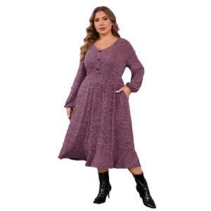 Coolmee Womens Plus Size Casual Winter Maxi Dresses Long Sleeve V Neck Button Badydoll Knit Long Sweater Dress with Pockets - 1 of 1