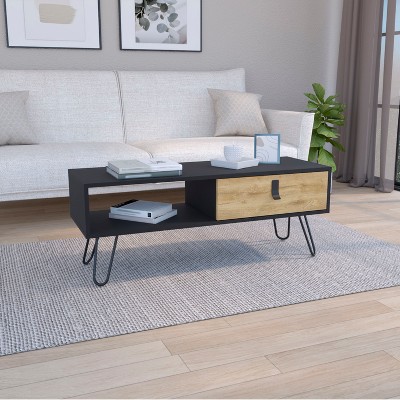 15inH rectangular white / macadamia coffee table, 4 vintage metal legs, 1 vertical divider for designer books, and 1 drawer for storing small things.