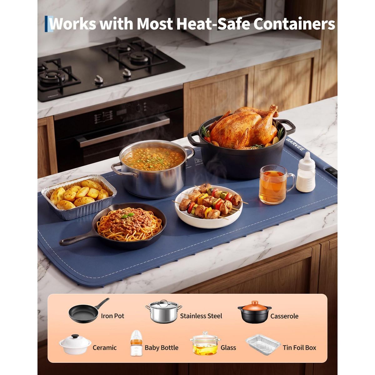 Garvee 36"x16" Large Silicone Food Warming Mat – 500W, 8 Temps, 6H Timer, Child Lock, Auto Shut-Off – Electric Warmer for Kitchen, Buffet, Parties - thumbnail 6