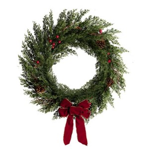 Vitalismo 24" Artificial Christmas Wreath Realistic Cypress w/ Faux Berries,Pine Cones,Bow,Dead Branches Indoor/Outdoor Xmas Wall Door Hanging Decor - 1 of 4
