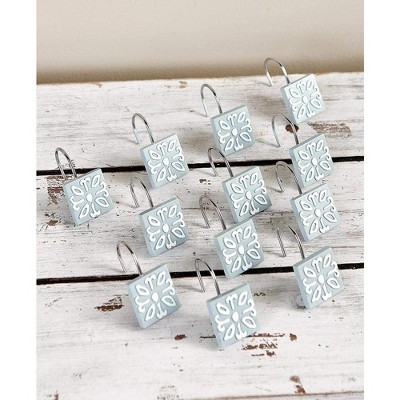 Vintage Blue and White Ceramic Shower Curtain Hooks Set of 12