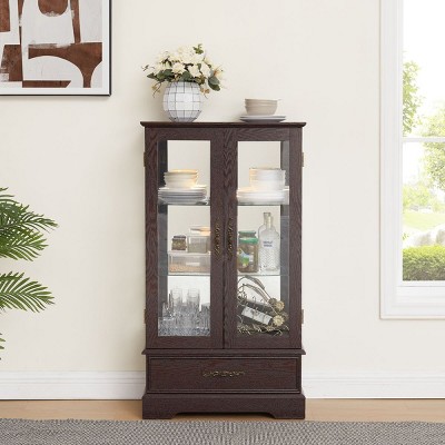 Curio Cabinet With Light, Glass Cabinet With Adjustable Glass Shelves, 2 Doors And 1 Drawer Glass Cabinet Display-Cuddlewood