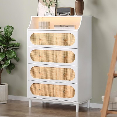 VINGLI White Rattan Dresser with LED Lights, Tall Dresser, Rattan Chest of Drawers for Bedroom