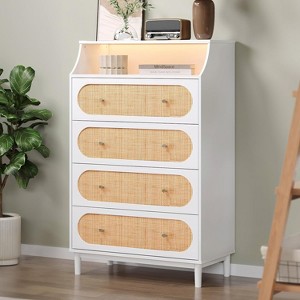 VINGLI White Rattan Dresser with LED Lights, Tall Dresser, Rattan Chest of Drawers for Bedroom - 1 of 4
